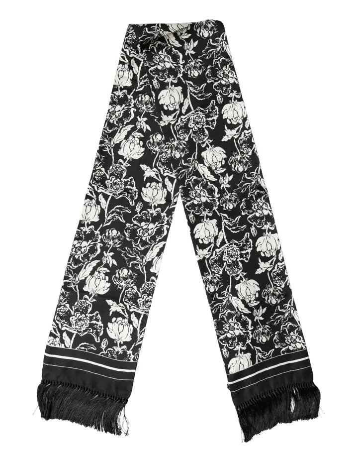 Dolce &amp; Gabbana Black White Silk Floral Print Fringe 136cm X 15.5cm Scarf