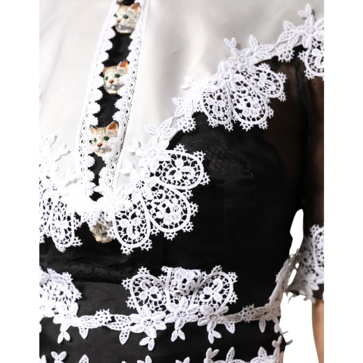 Dolce & Gabbana Black and White Silk Midi Dress with Macramé Lace