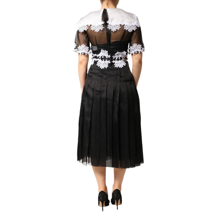 Dolce & Gabbana Black and White Silk Midi Dress with Macramé Lace