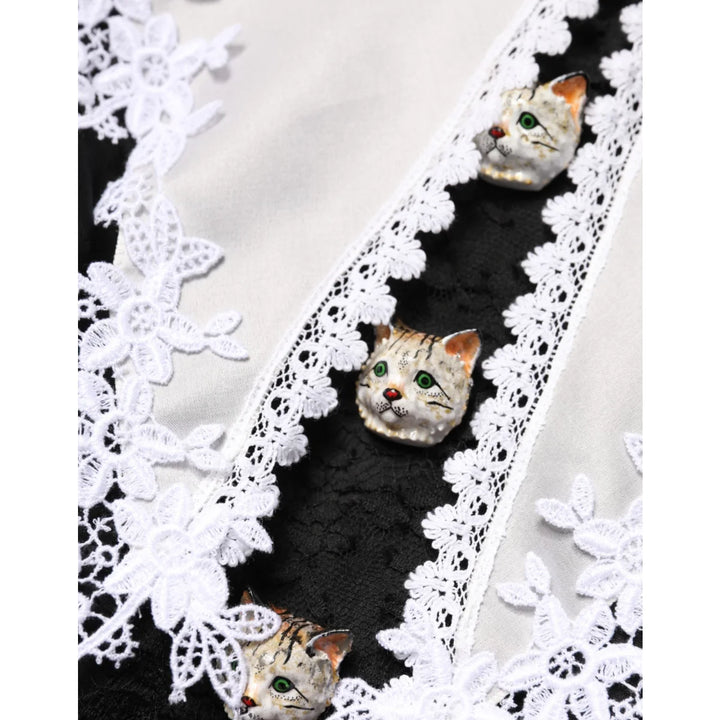 Dolce & Gabbana Black and White Silk Midi Dress with Macramé Lace