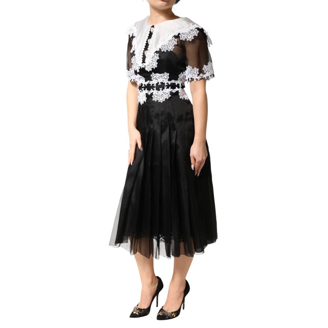 Dolce & Gabbana Black and White Silk Midi Dress with Macramé Lace