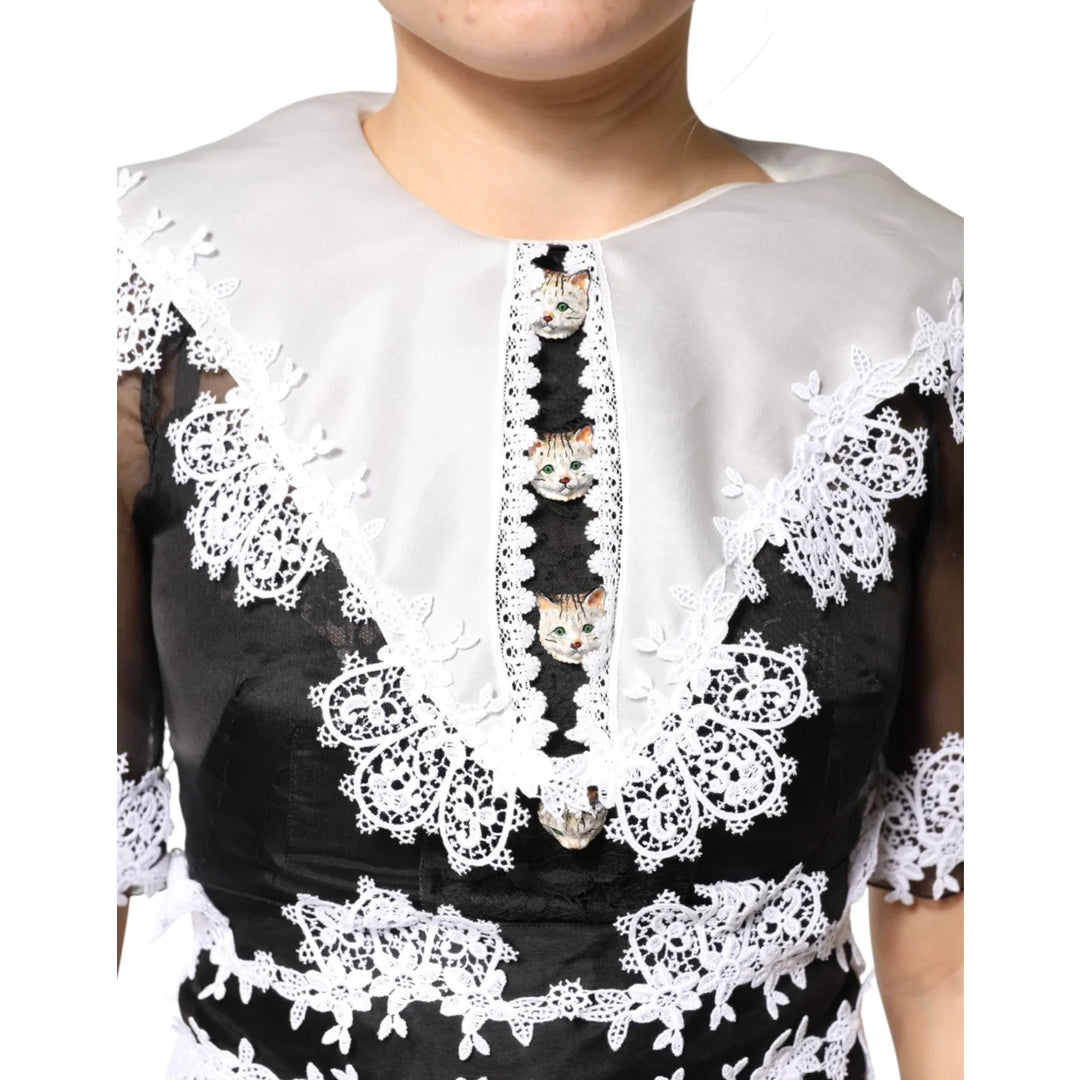 Dolce & Gabbana Black and White Silk Midi Dress with Macramé Lace