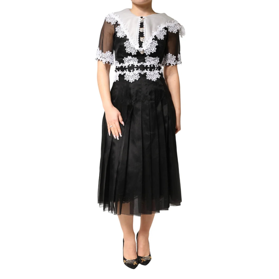 Dolce & Gabbana Black and White Silk Midi Dress with Macramé Lace