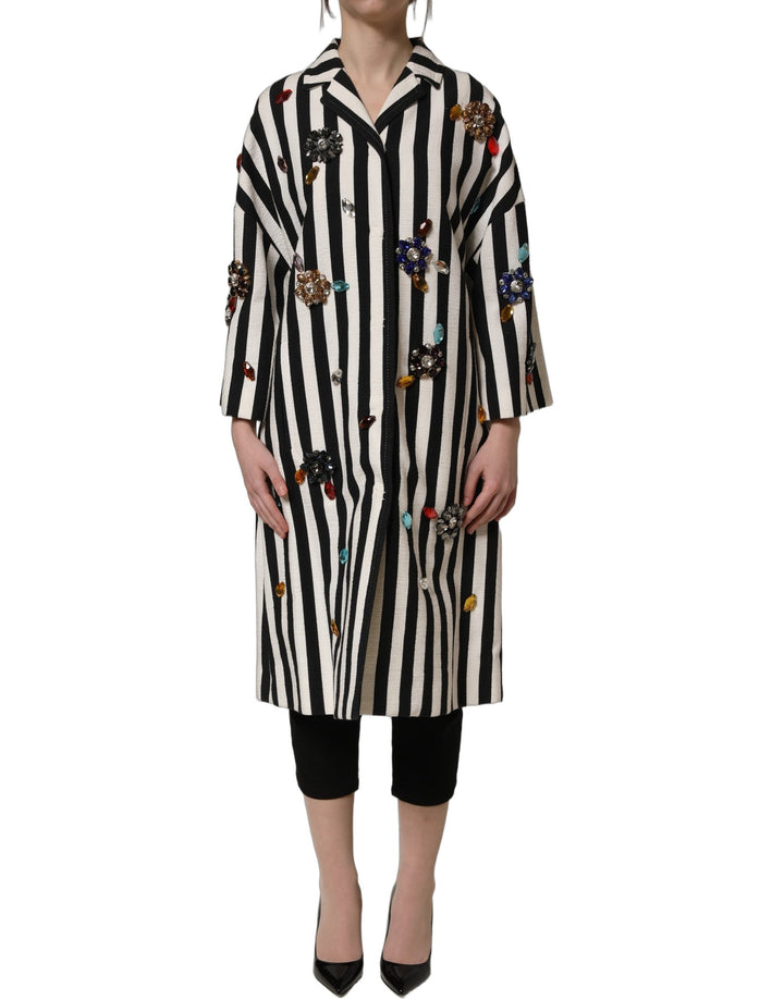 Dolce &amp; Gabbana Overcoats - Black White Striped Embellished Coat Jacket