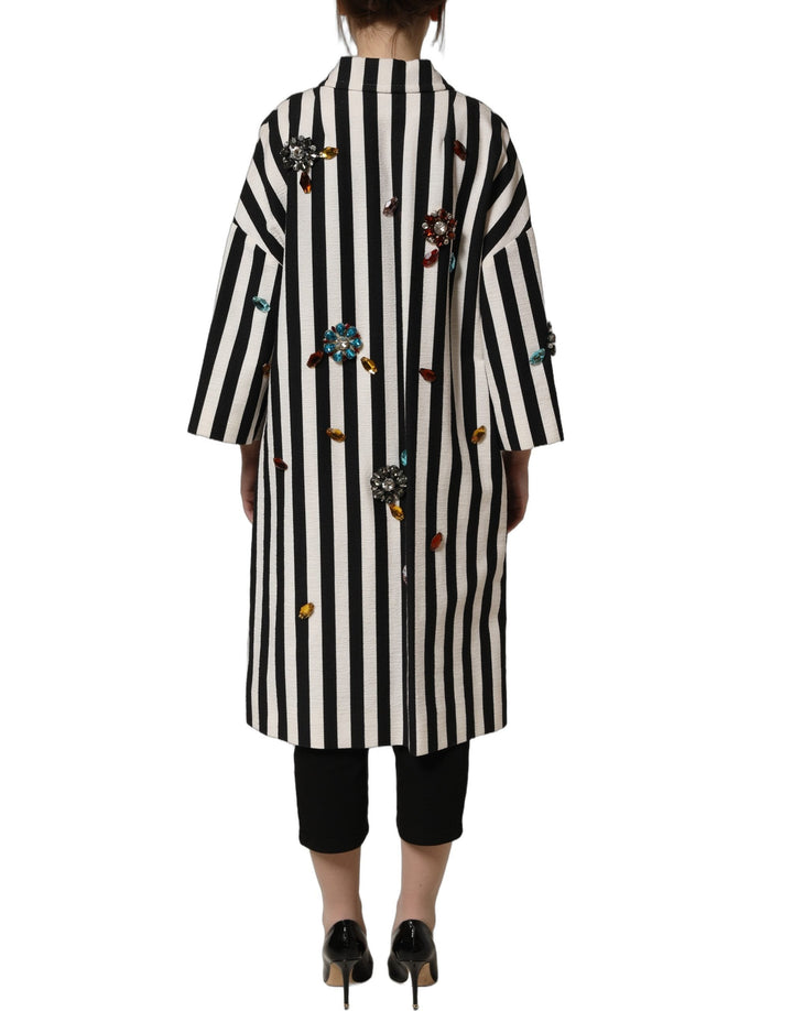 Dolce &amp; Gabbana Overcoats - Black White Striped Embellished Coat Jacket