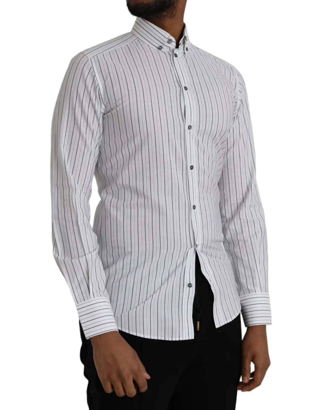 Dolce &amp; Gabbana Black White Striped Formal Dress GOLD Shirt