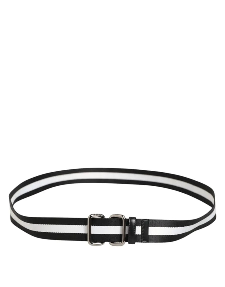 Dolce &amp; Gabbana Black White Striped Logo Metal Buckle Belt