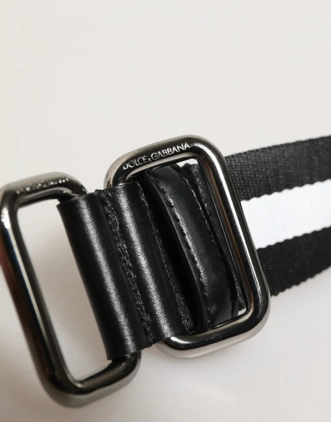Dolce &amp; Gabbana Black White Striped Logo Metal Buckle Belt