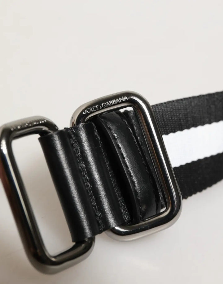 Dolce &amp; Gabbana Black White Striped Logo Metal Buckle Belt