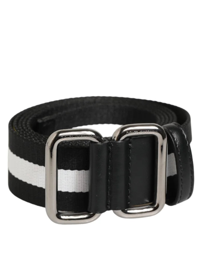 Dolce &amp; Gabbana Black White Striped Metal Buckle Men Belt