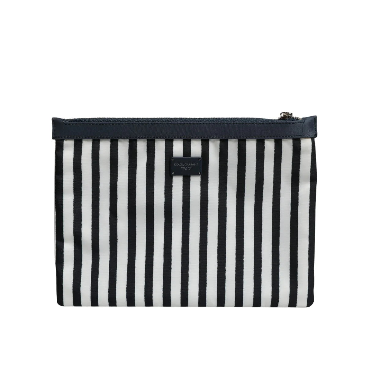 Dolce Gabbana Black White Striped Pouch with DG Logo Plaque &