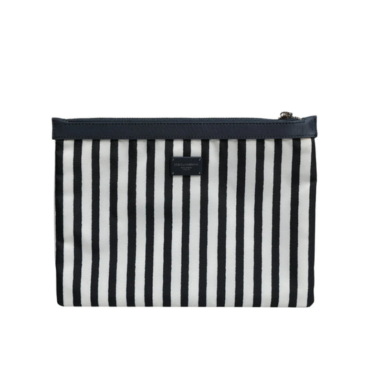 Dolce Gabbana Black White Striped Pouch with DG Logo Plaque &