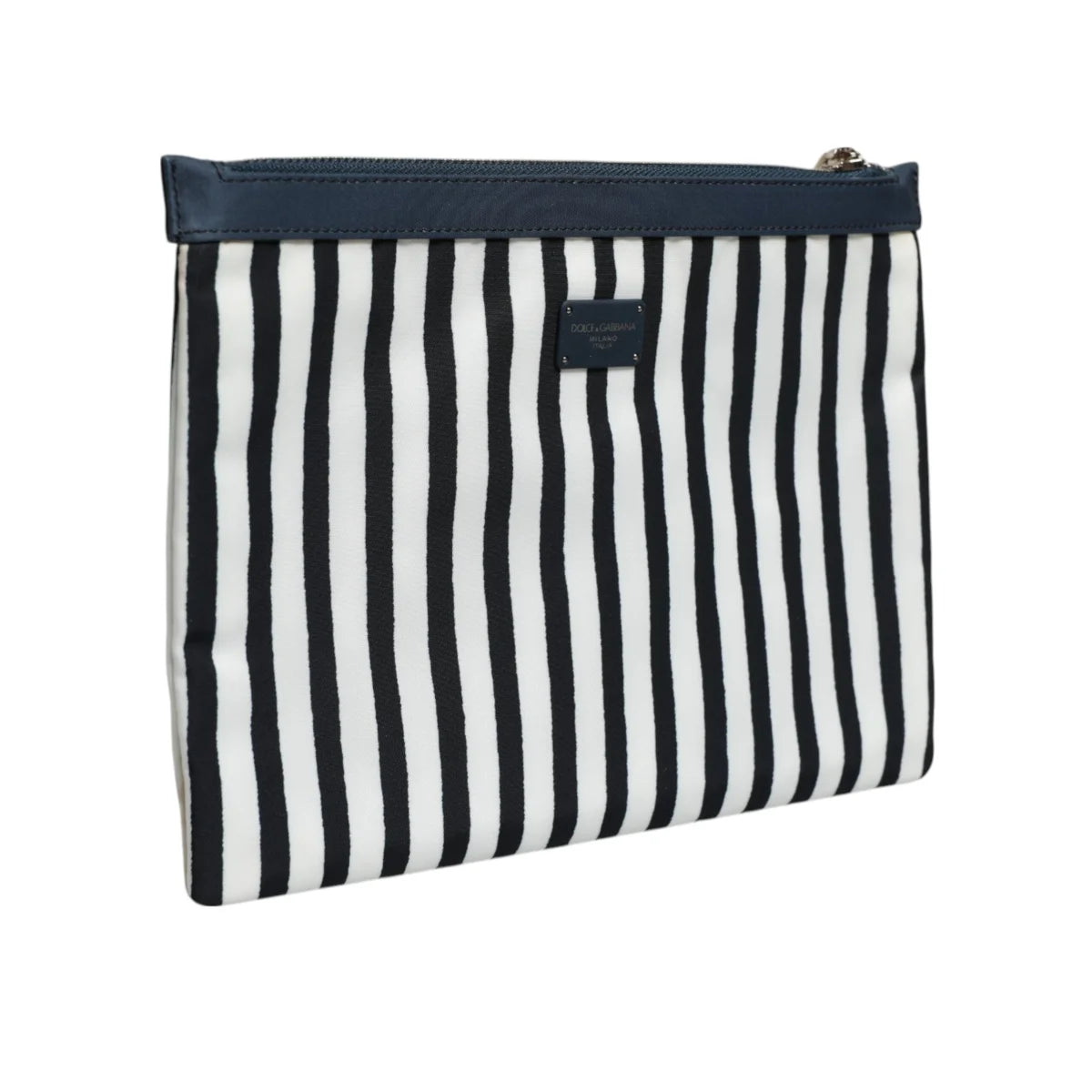 Dolce Gabbana Black White Striped Pouch with Logo Plaque &