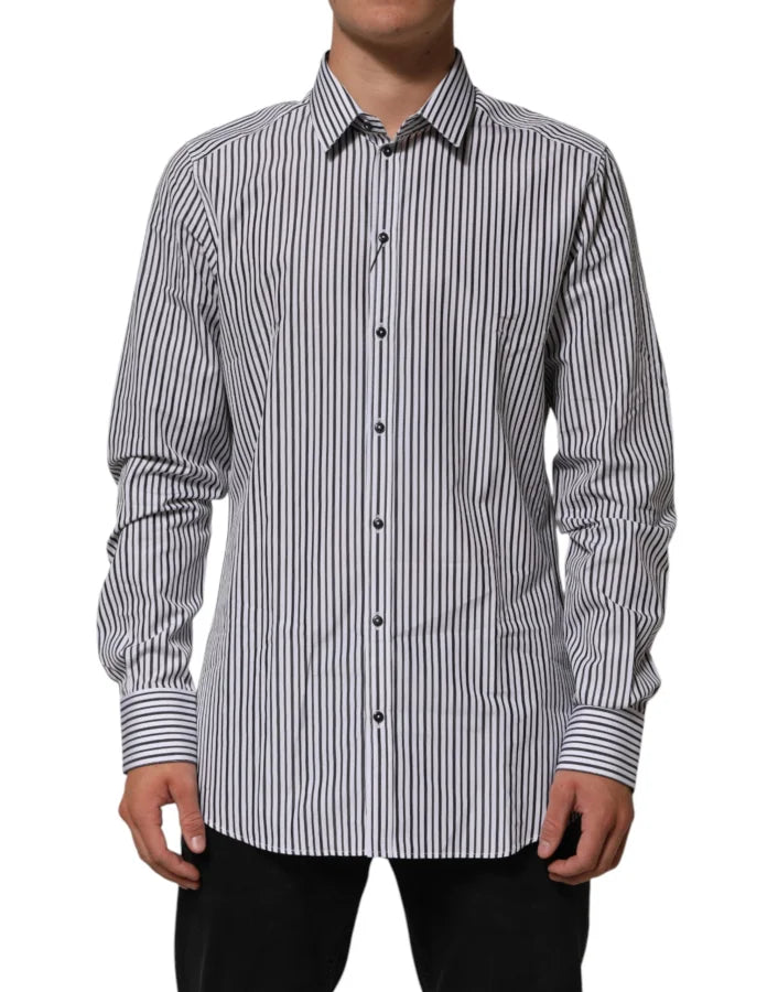Dolce &amp; Gabbana Black White Stripes Men GOLD Dress Shirt