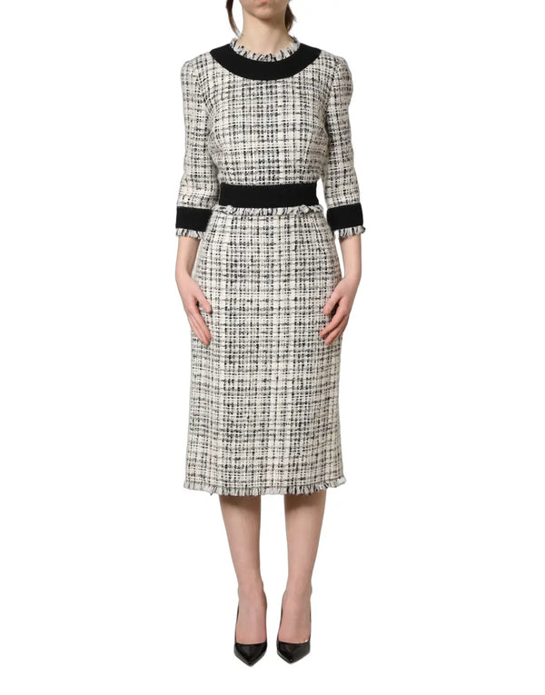 Dolce & Gabbana Black White Tweed Sheath A-line Midi Dress women’s dress