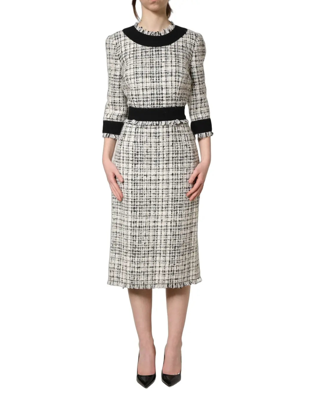 Dolce &amp; Gabbana Black White Tweed Sheath A-line Midi Dress