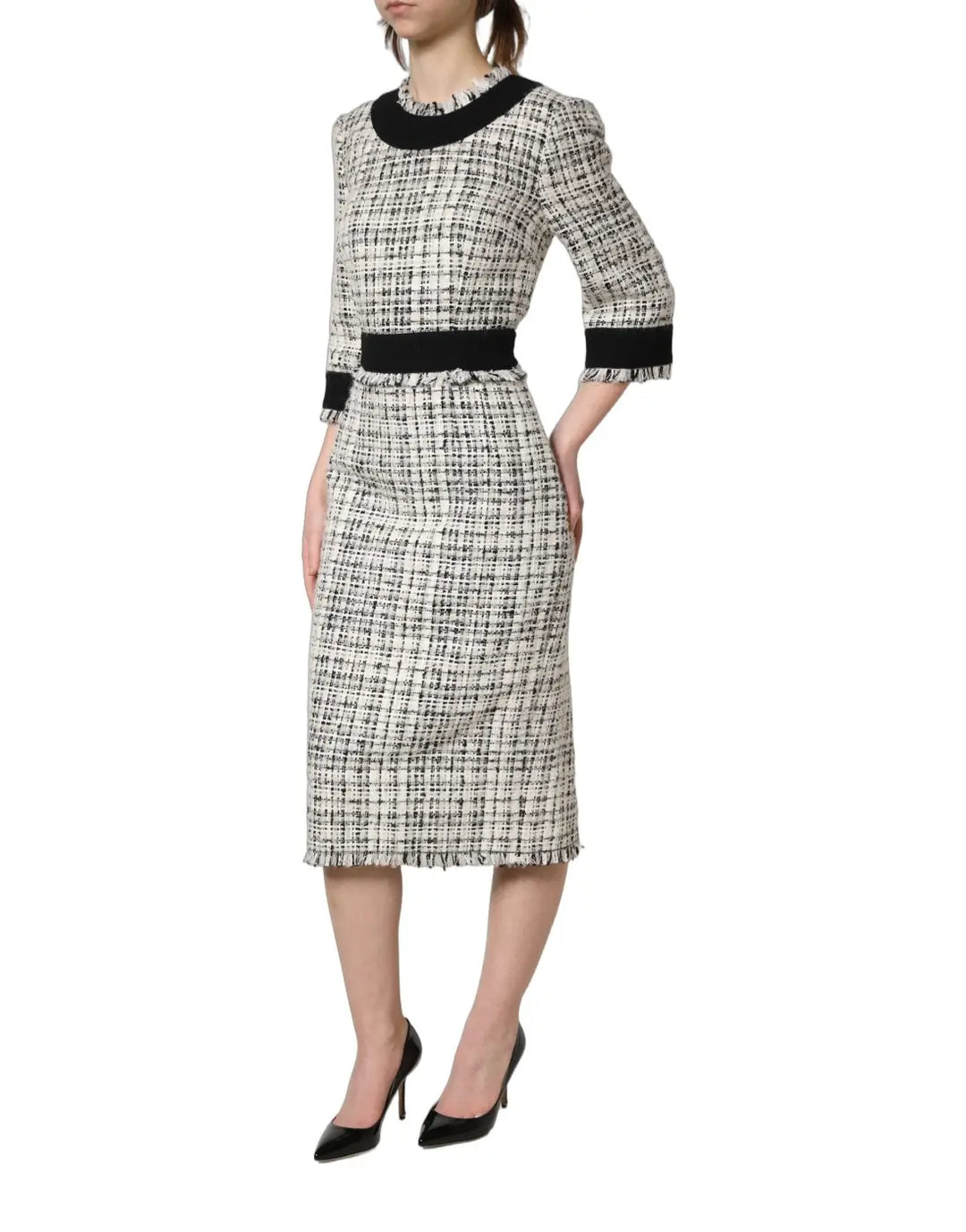 Dolce &amp; Gabbana Black White Tweed Sheath A-line Midi Dress