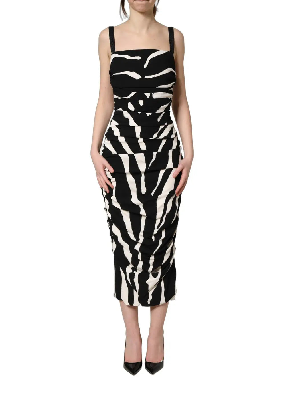 Dolce &amp; Gabbana Black White Zebra Cady Calf Length Dress