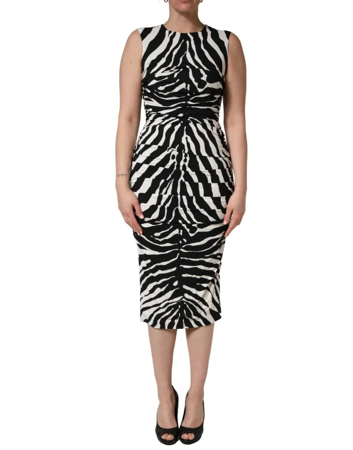 Dolce &amp; Gabbana Black White Zebra Cady Calf Length Dress