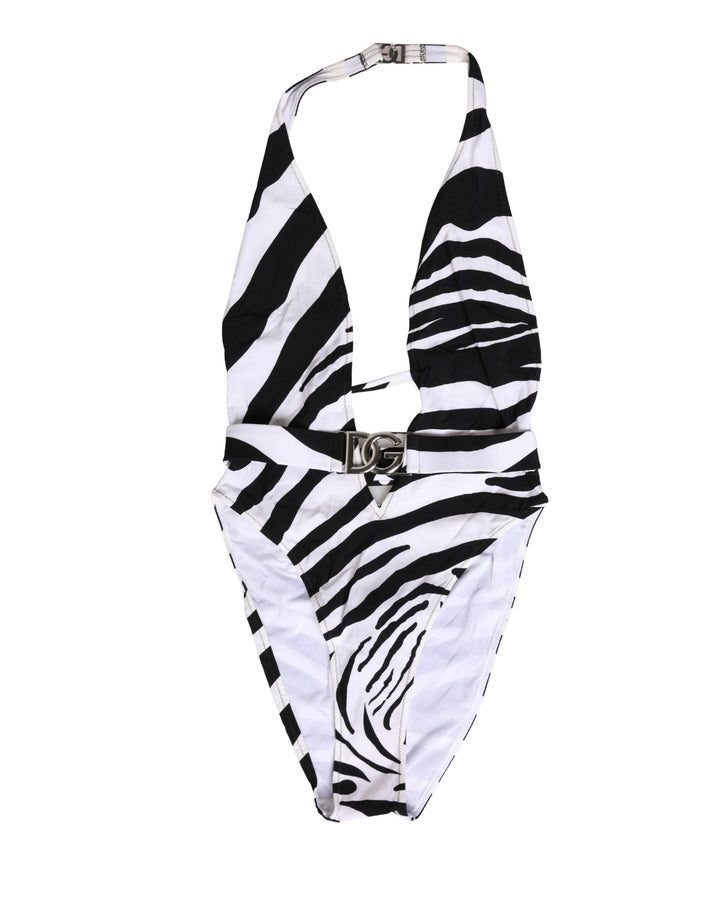 Dolce &amp; Gabbana Black White Zebra Deep V-neck one Piece Swimwear - Women’s One-piece Swimsuits