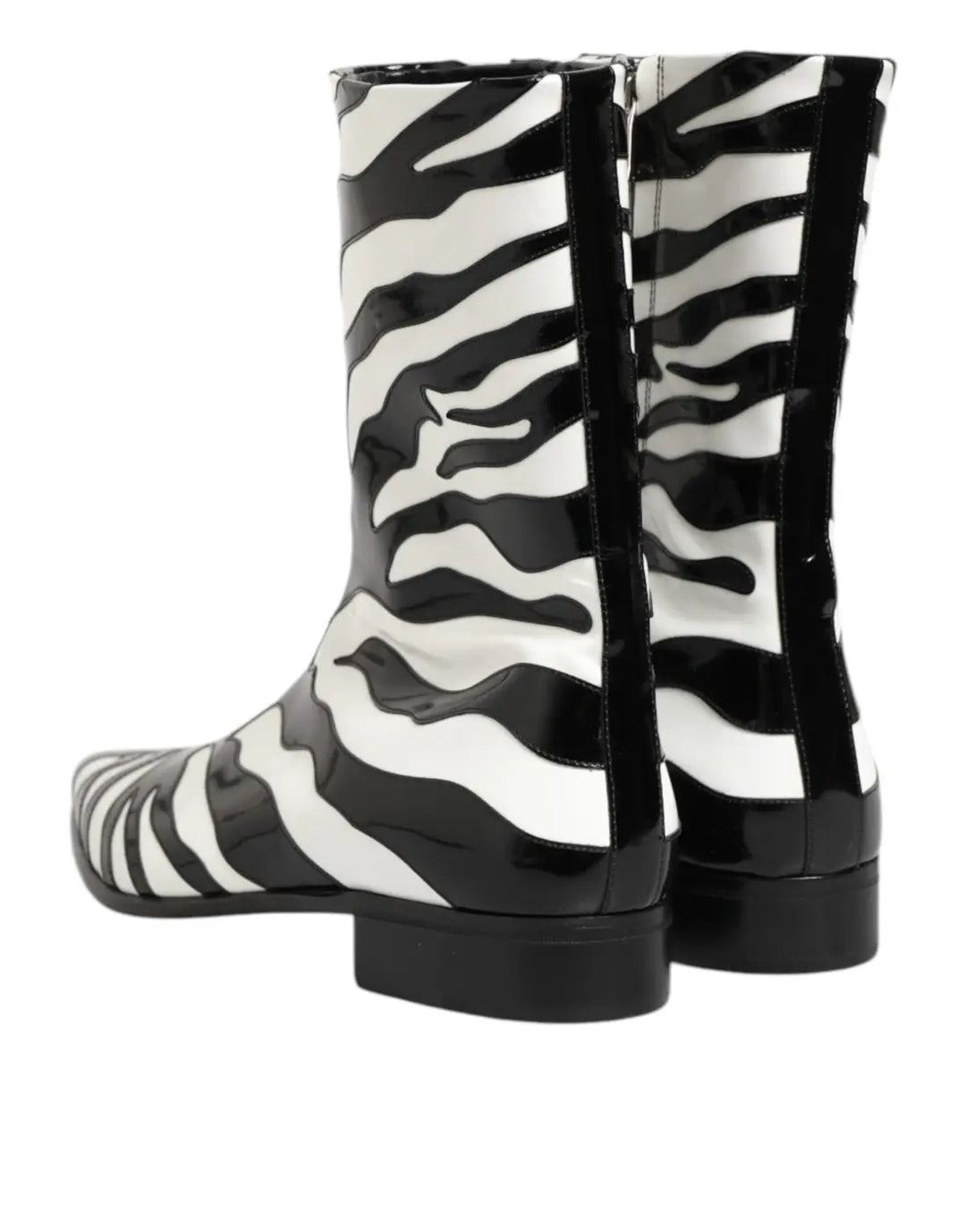Dolce &amp; Gabbana Black White Zebra Leather Mid Calf Boots Shoes