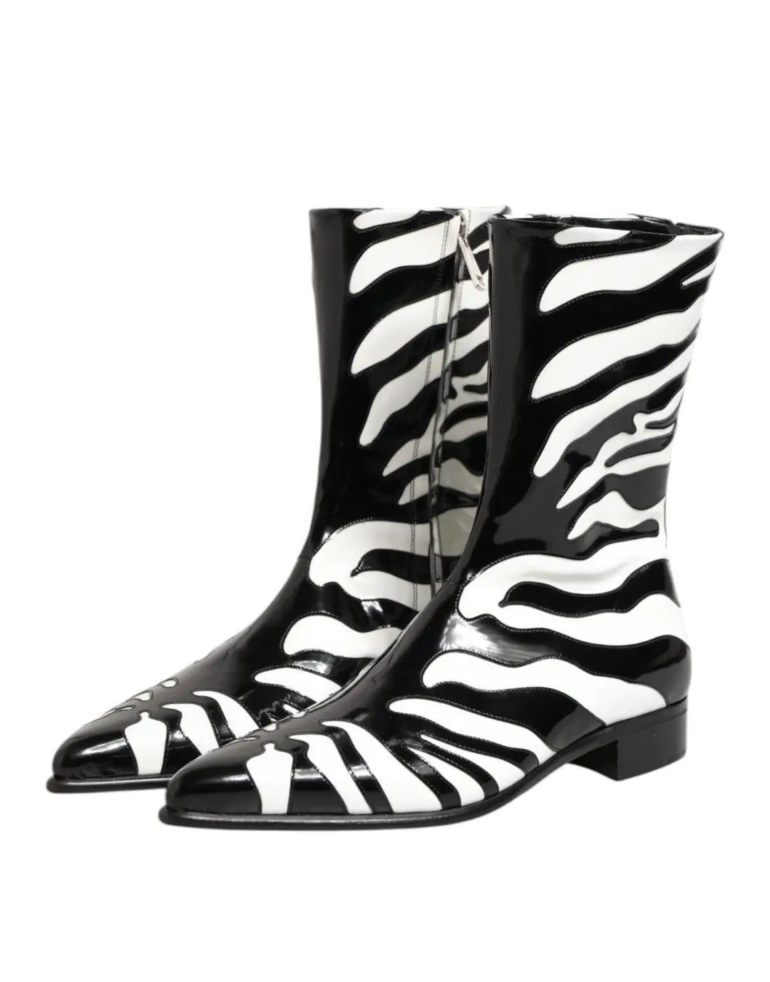 Dolce &amp; Gabbana Black White Zebra Leather Mid Calf Boots Shoes