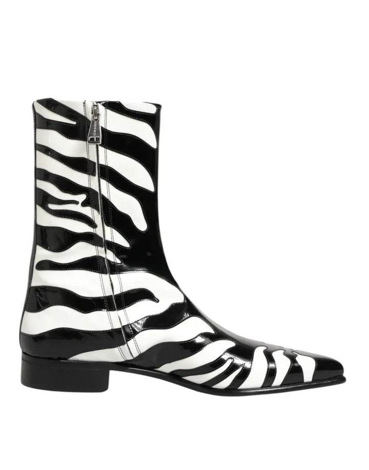 Dolce &amp; Gabbana Black White Zebra Leather Mid Calf Boots Shoes