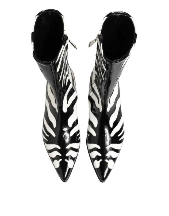 Dolce &amp; Gabbana Black White Zebra Leather Mid Calf Boots Shoes