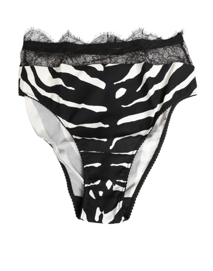 Dolce &amp; Gabbana Black White Zebra Print Lace Trim High Underwear