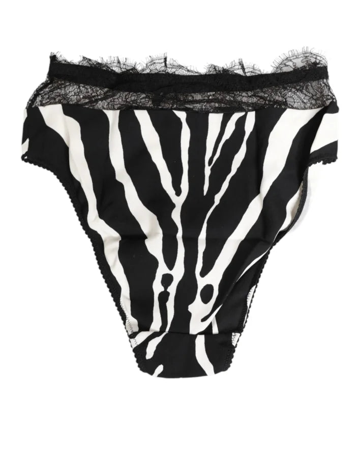 Dolce &amp; Gabbana Black White Zebra Print Lace Trim High Underwear