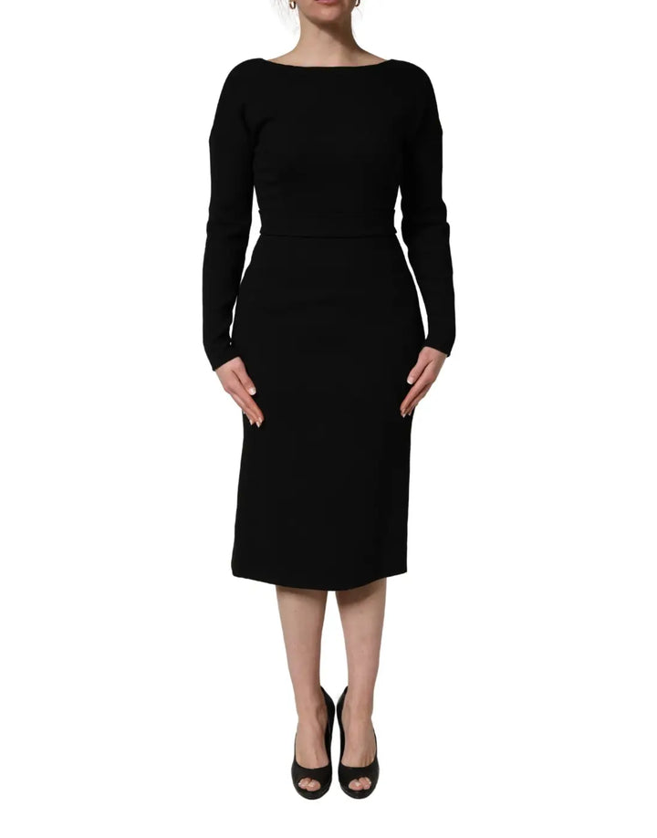 Dolce &amp; Gabbana Black Wool Crepe Long Sleeves Midi Dress
