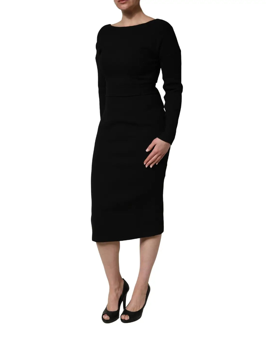 Dolce &amp; Gabbana Black Wool Crepe Long Sleeves Midi Dress