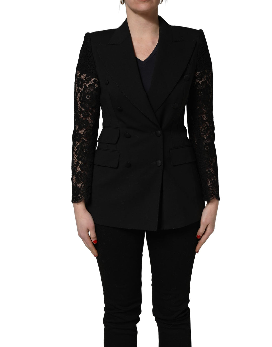 Dolce &amp; Gabbana Sport Jackets - Black Wool DoubleBreasted Lace Sleeve Jacket