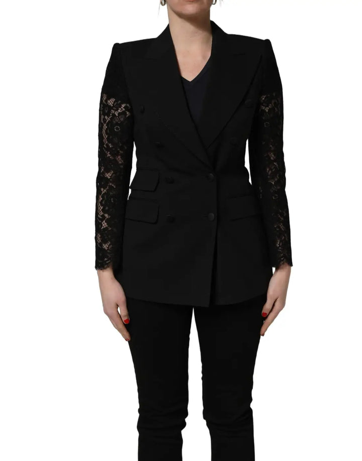 Dolce &amp; Gabbana Black Wool DoubleBreasted Lace Sleeve Jacket