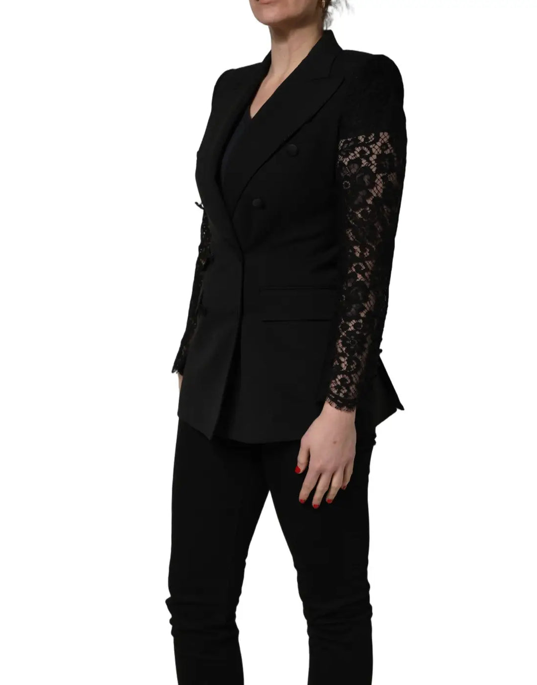 Dolce &amp; Gabbana Black Wool DoubleBreasted Lace Sleeve Jacket