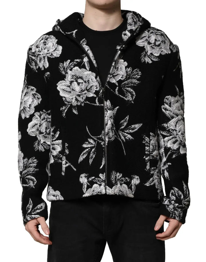 Dolce &amp; Gabbana Black Wool Floral Printed Men Hooded Jacket