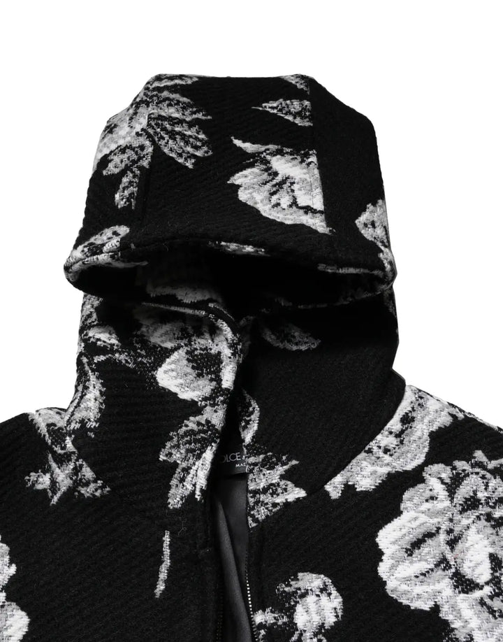 Dolce &amp; Gabbana Black Wool Floral Printed Men Hooded Jacket