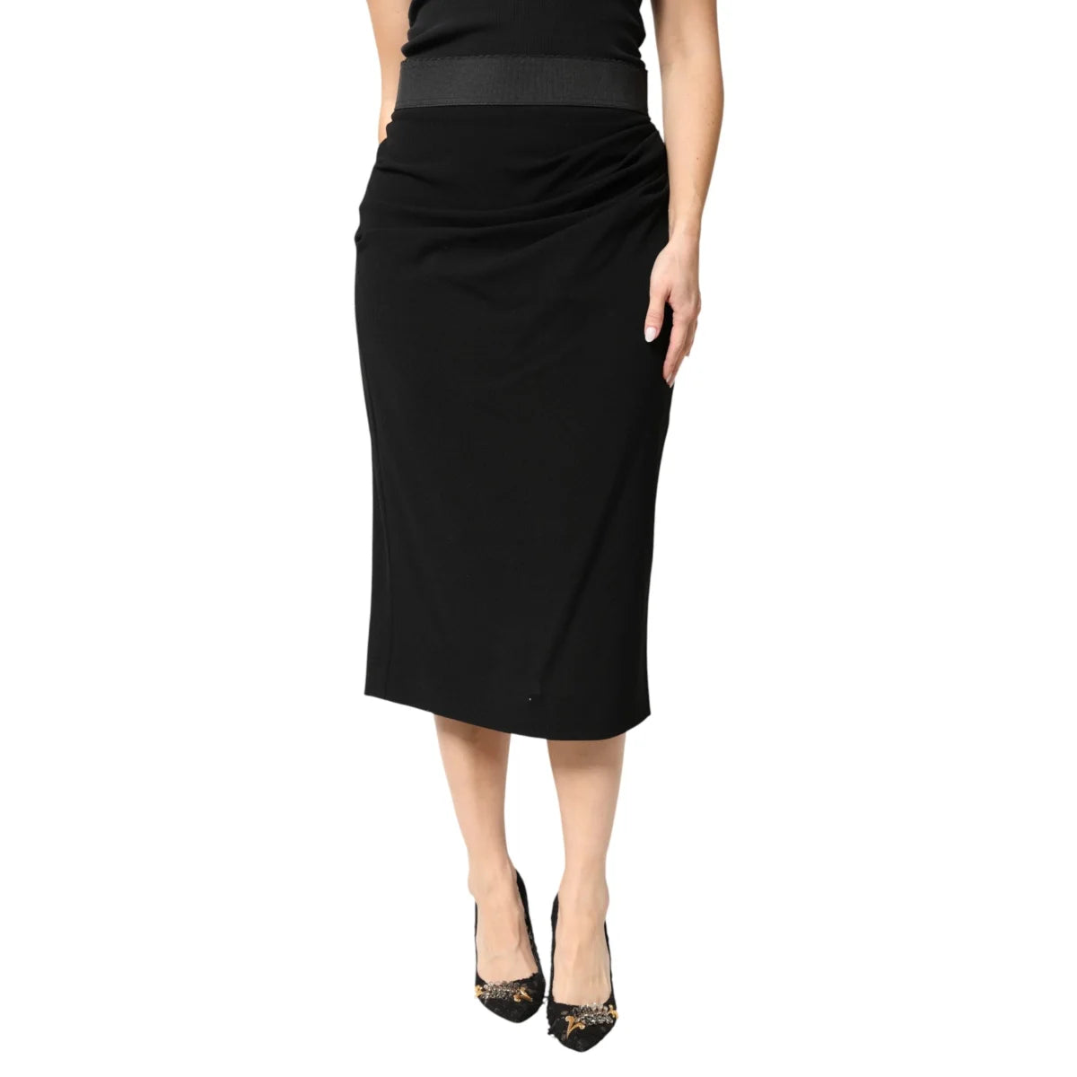 Dolce & Gabbana Black Wool High Waist Pencil Cut Midi Skirt