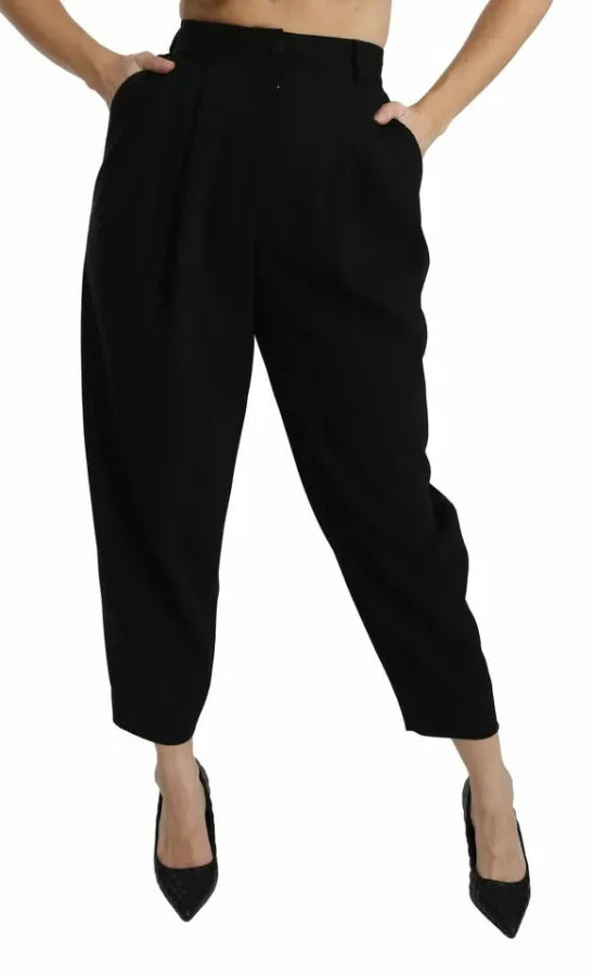 Dolce &amp; Gabbana Black Wool High Waist Pleat Front Cropped Pants