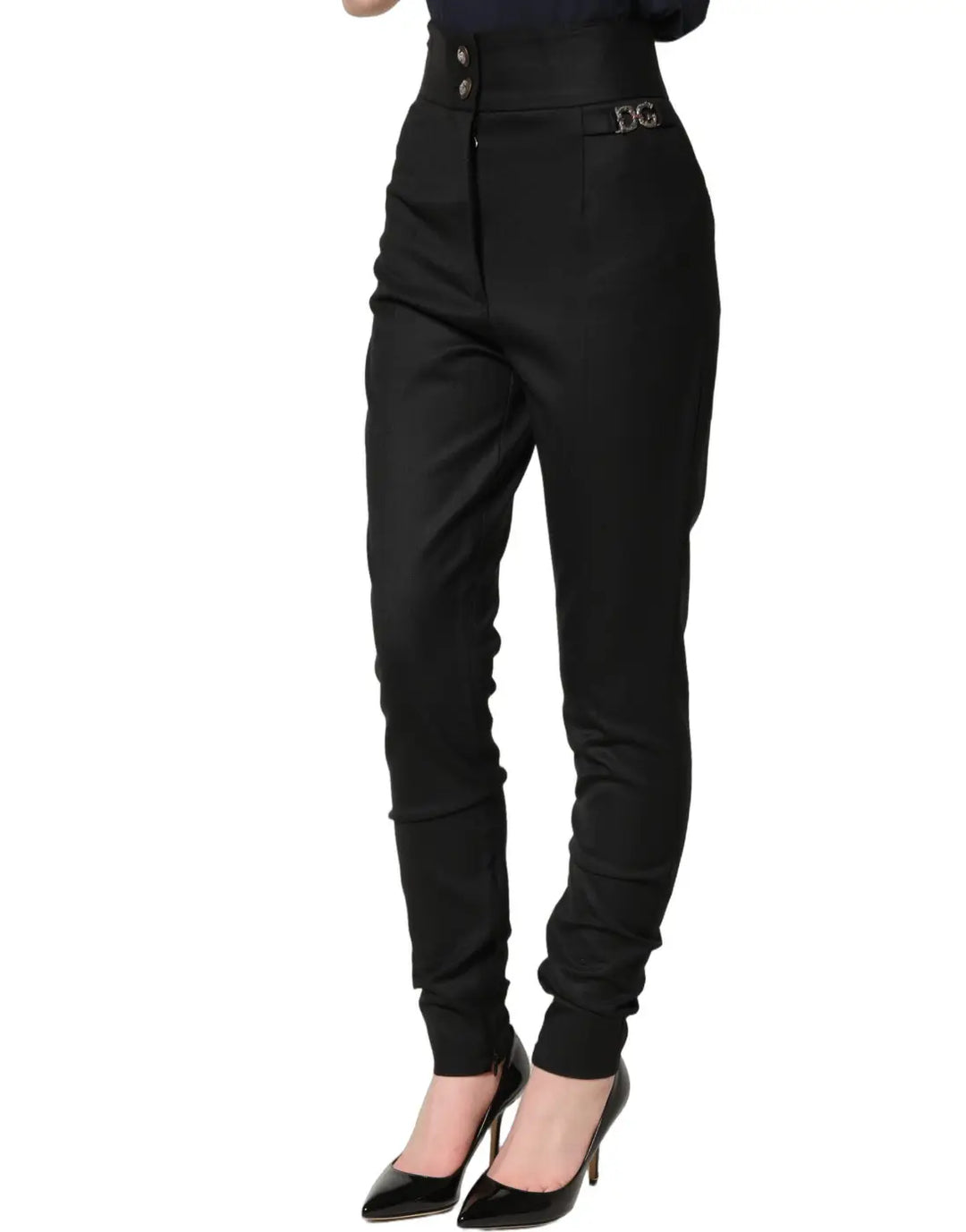 Dolce &amp; Gabbana Black Wool High Waisted Logo Trouser Pants