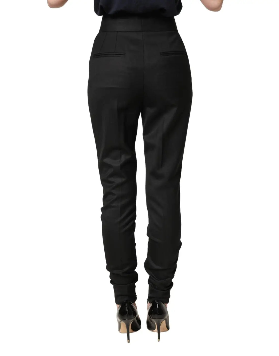 Dolce &amp; Gabbana Black Wool High Waisted Logo Trouser Pants