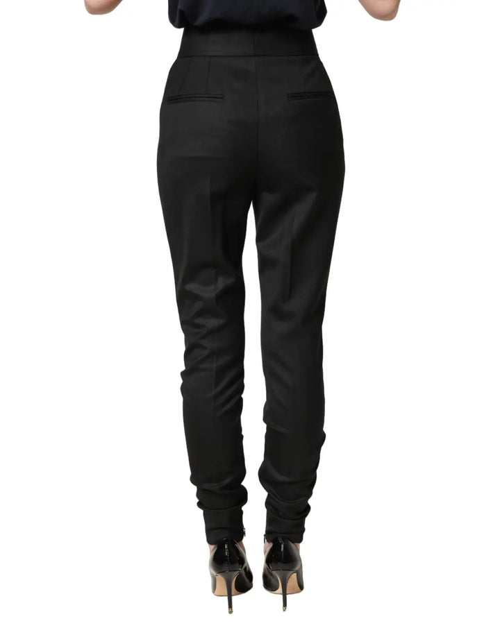 Dolce &amp; Gabbana Black Wool High Waisted Logo Trouser Pants