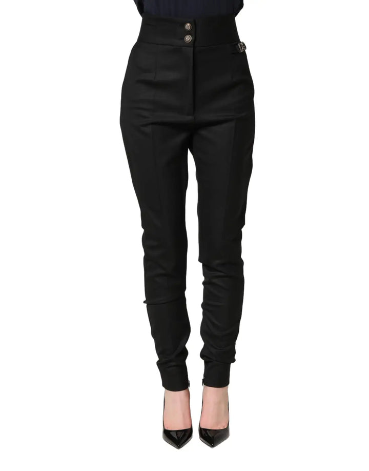 Dolce &amp; Gabbana Black Wool High Waisted Logo Trouser Pants