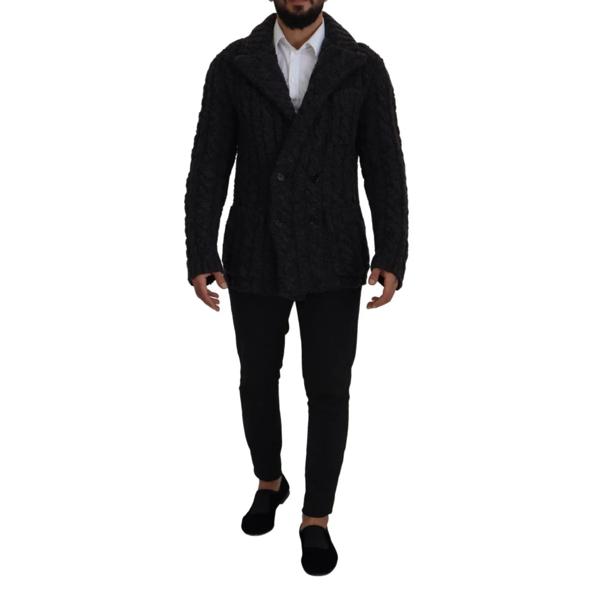 Dolce & Gabbana Black Wool Knit Double Breasted Coat Jacket