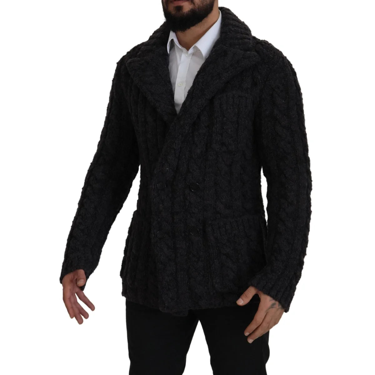 Dolce & Gabbana Black Wool Knit Double Breasted Coat Jacket