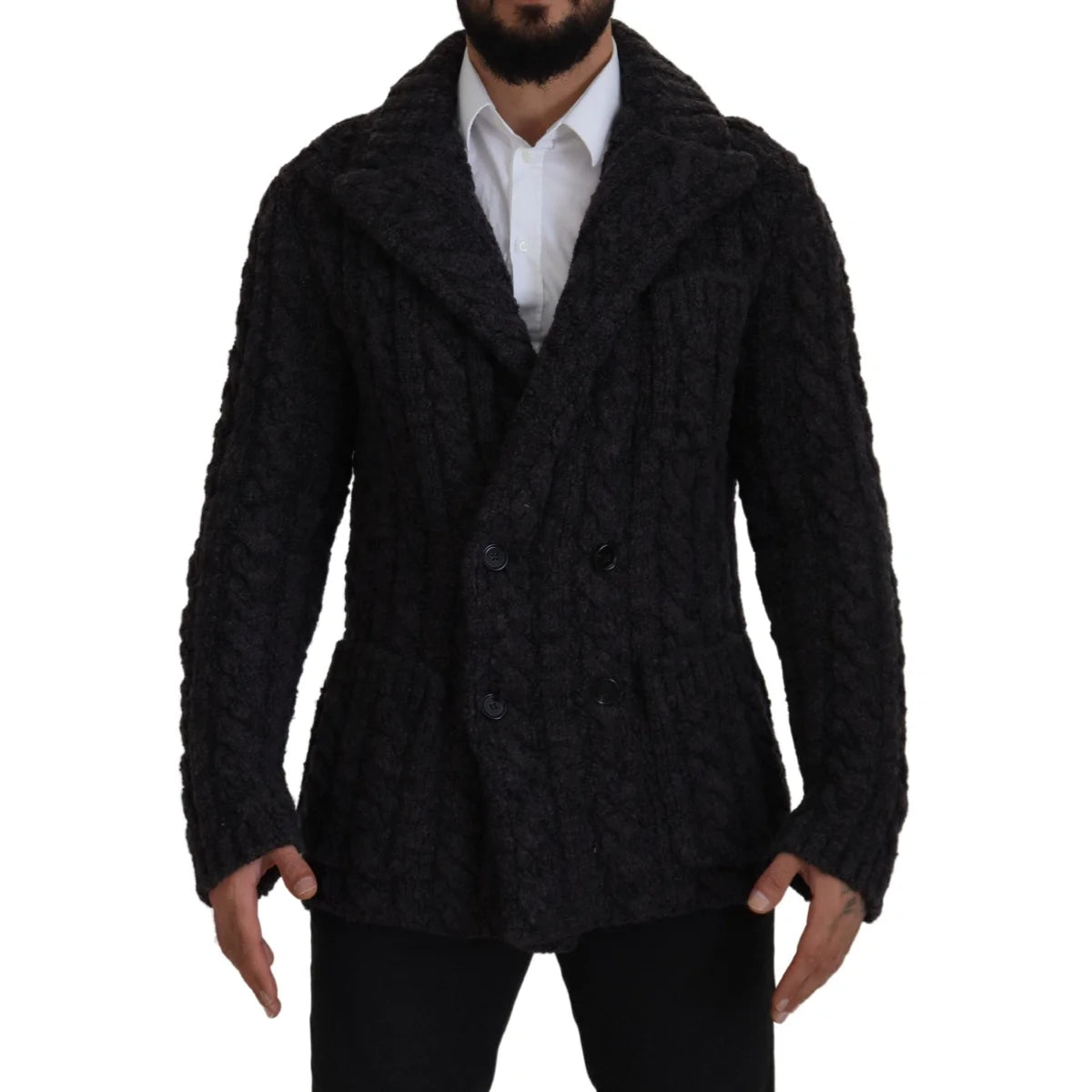 Dolce & Gabbana Black Wool Knit Double Breasted Coat Jacket