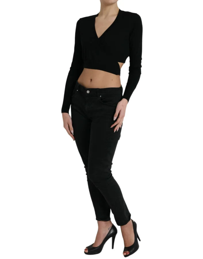 Dolce &amp; Gabbana Black Wool V-neck Crossed Cardigan Sweater