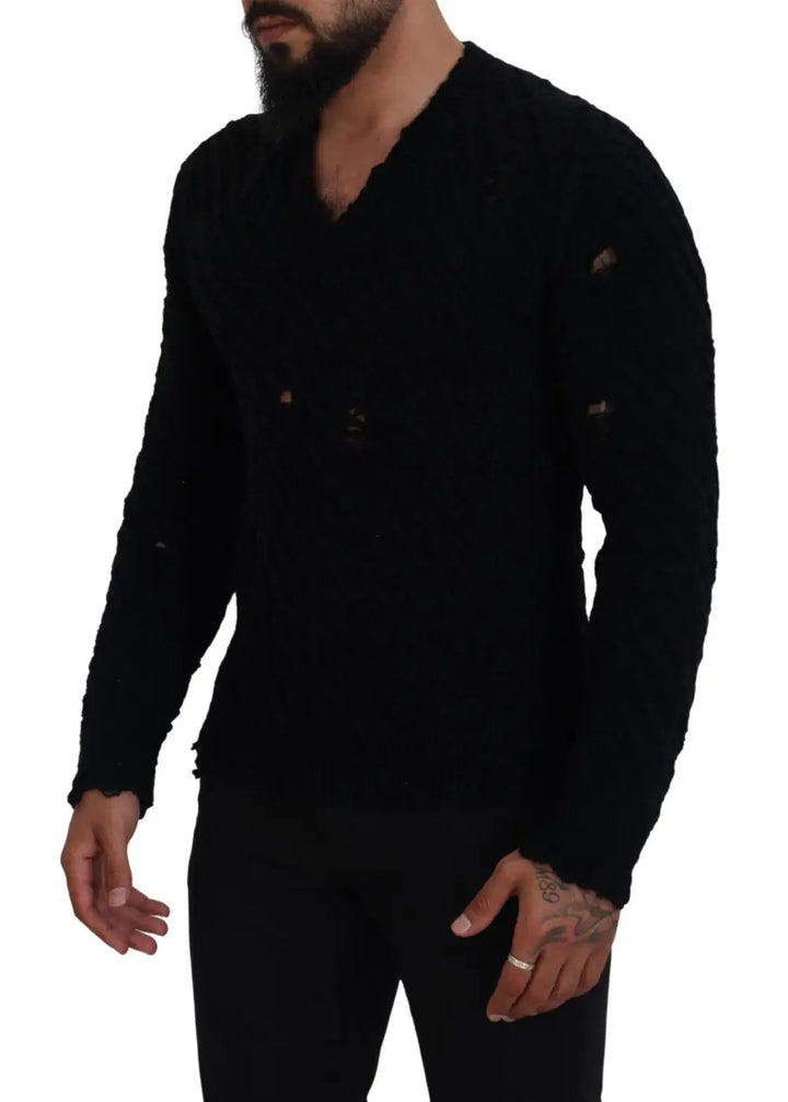 Dolce &amp; Gabbana Black Wool V-neck Knitted Pullover Sweater