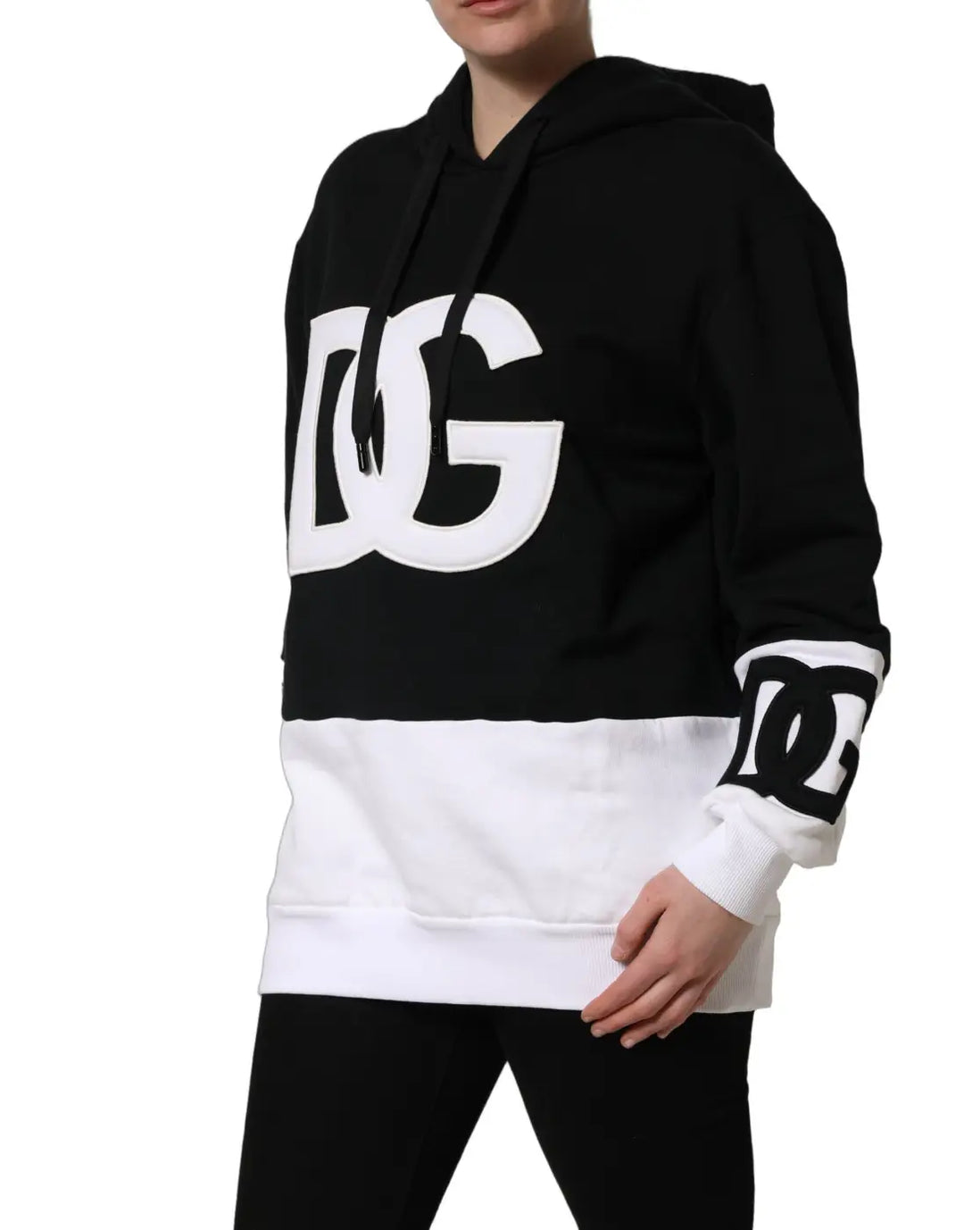 Dolce &amp; Gabbana BlackWhite Appliqué Hooded Sweatshirt Sweater