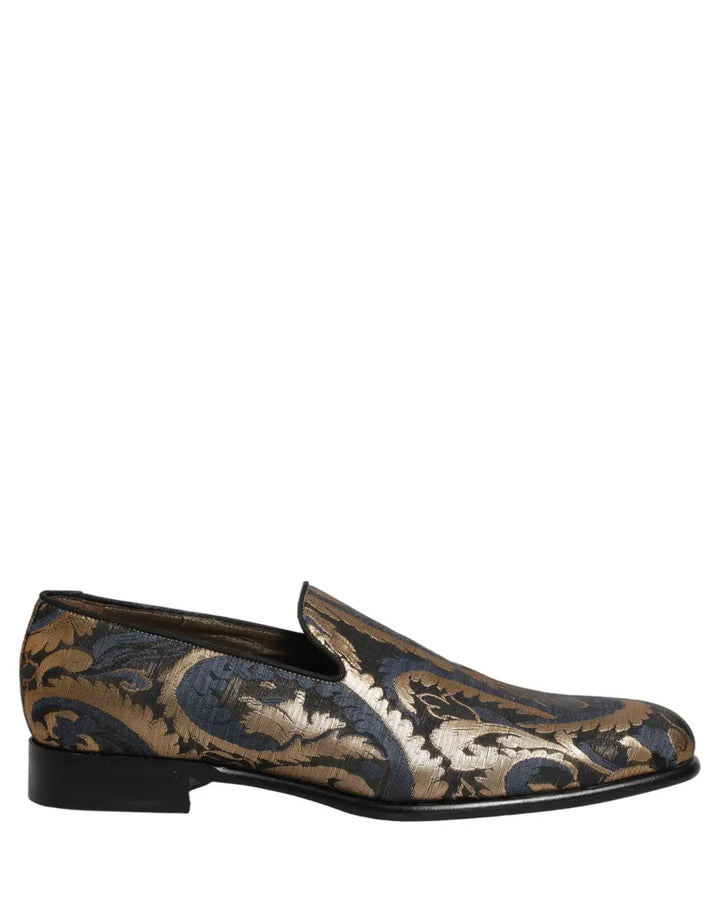 Dolce &amp; Gabbana Blue Brocade Slip On Men Dress Loafers Shoes